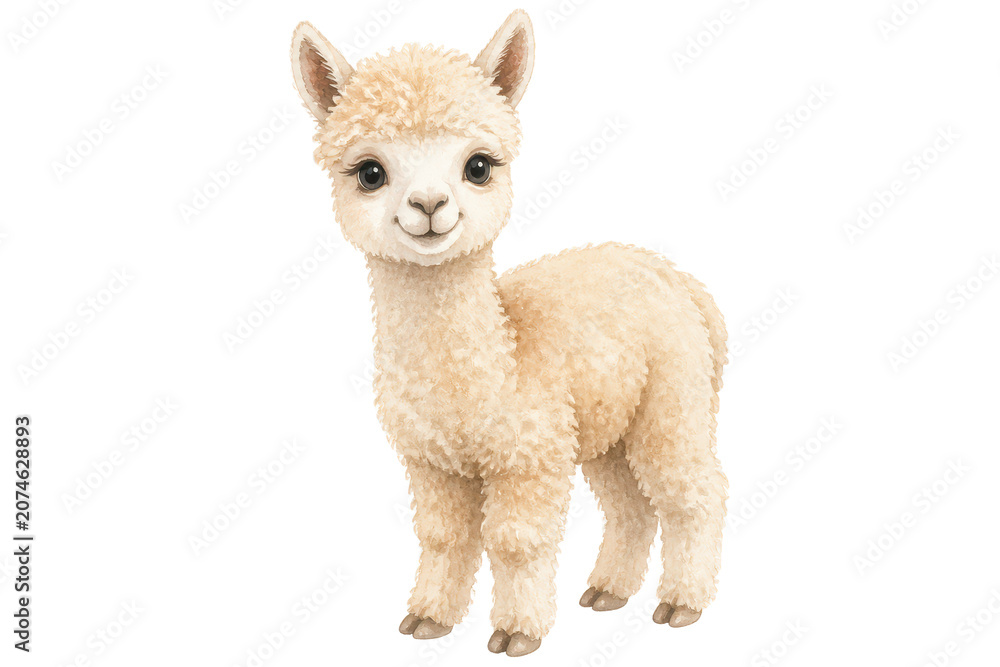 Fototapeta premium Watercolor cream baby alpaca portrait