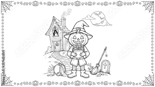 A pumpkin headed boy in a witch hat holding a candy bucket isolated on a transparent background