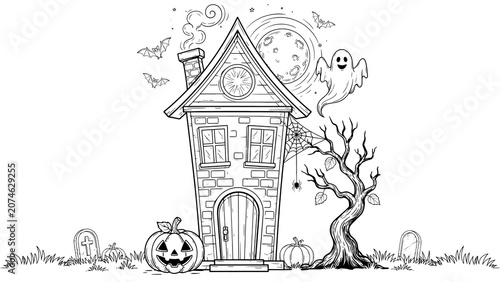 A spooky haunted house with a ghost, bats, and jack-o-lanterns isolated on a transparent background