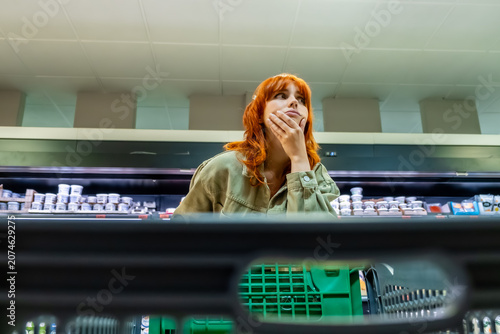 Canvastavla Woman experiencing concern over rising food prices in supermarket