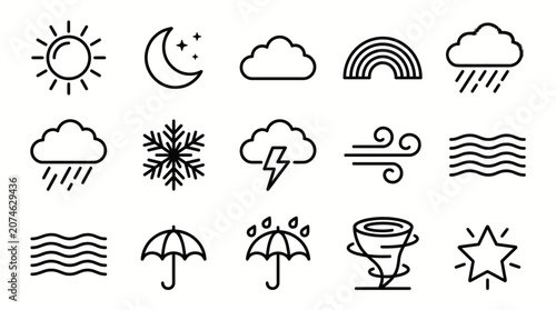 Cuadro en lienzo Line art icon set of various weather phenomena and climate conditions for meteorology, in isolated white background