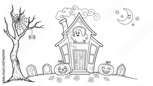 A spooky haunted house with a ghost, pumpkins, and a tree isolated on a transparent background