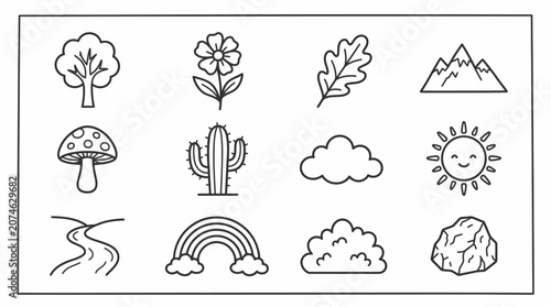 Photos Line art icon set of natural elements and weather phenomena for education, in isolated white background
