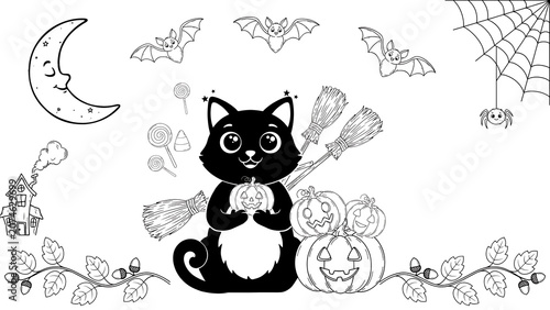 Black cat holding a pumpkin with bats and a moon for halloween isolated on a transparent background