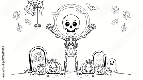 Cartoon skeleton standing with pumpkins and a ghost for halloween isolated on a transparent background
