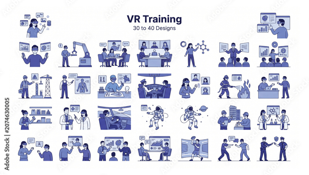 Fototapeta premium Var technology education and industry simulation icons collection with education training industry technology simulation illustration collection business development workspace interactive