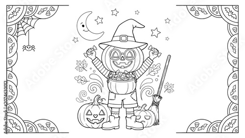 Coloring page featuring a cute pumpkin character for halloween isolated on a transparent background
