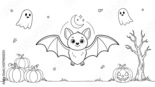 Cute bat with ghosts and pumpkins for halloween coloring page isolated on a transparent background
