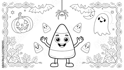 Cute candy corn character with halloween coloring page isolated on a transparent background