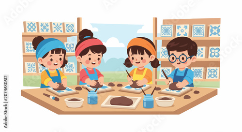 Four happy children learning pottery in a creative workshop.