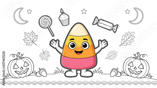 Cute candy corn character with halloween pumpkins and sweets isolated on a transparent background