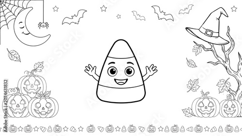 Cute candy corn character with pumpkins and witch hat for coloring isolated on a transparent background