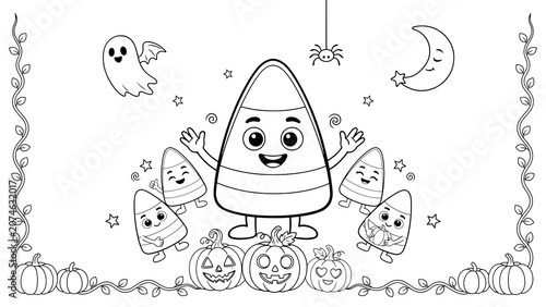 Cute candy corn characters with pumpkins for halloween coloring page isolated on a transparent background