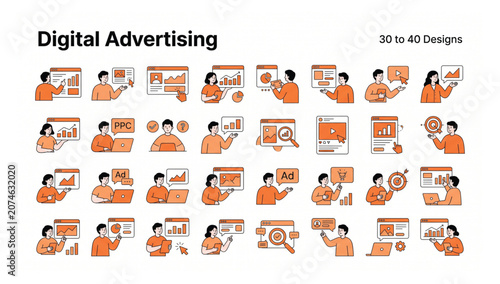 Obraz na plátne Digital advertising marketing strategy flat vector illustration set with e comme