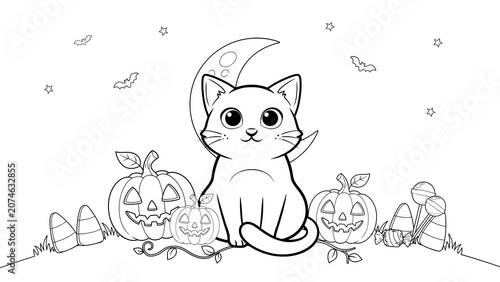 Cute cat sitting with pumpkins for a halloween coloring page isolated on a transparent background
