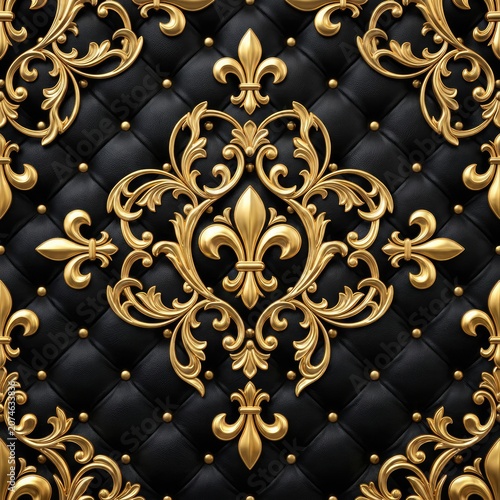 Ornate gold crest on black tufted leather background.