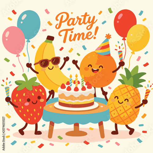 Tableau sur toile The cute fruit characters still wear party hats and are surrounded by balloons and confetti, but the focus is on the cheerfulness of the characters themselves with the birthday cake in the center