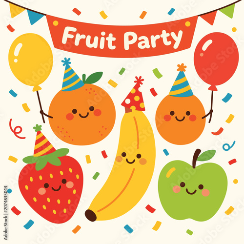 Tableau sur toile The cute fruit characters still wear party hats and are surrounded by balloons and confetti, but the focus is on the cheerfulness of the characters themselves with the birthday cake in the center