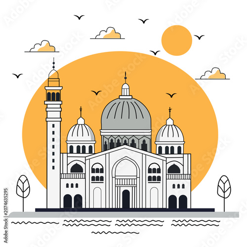 Stylized mosque architecture illustration against large sun background