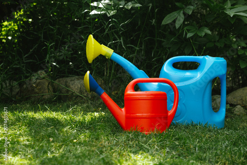 Gardening, summer or outdoor maintenance. Two colorful watering cans on lush lawn in backyard garden