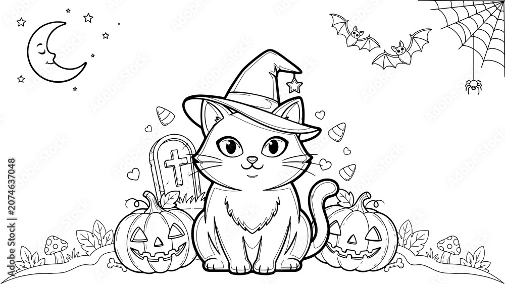 Fototapeta premium Cute cat wearing a witch hat with pumpkins for halloween isolated on a transparent background