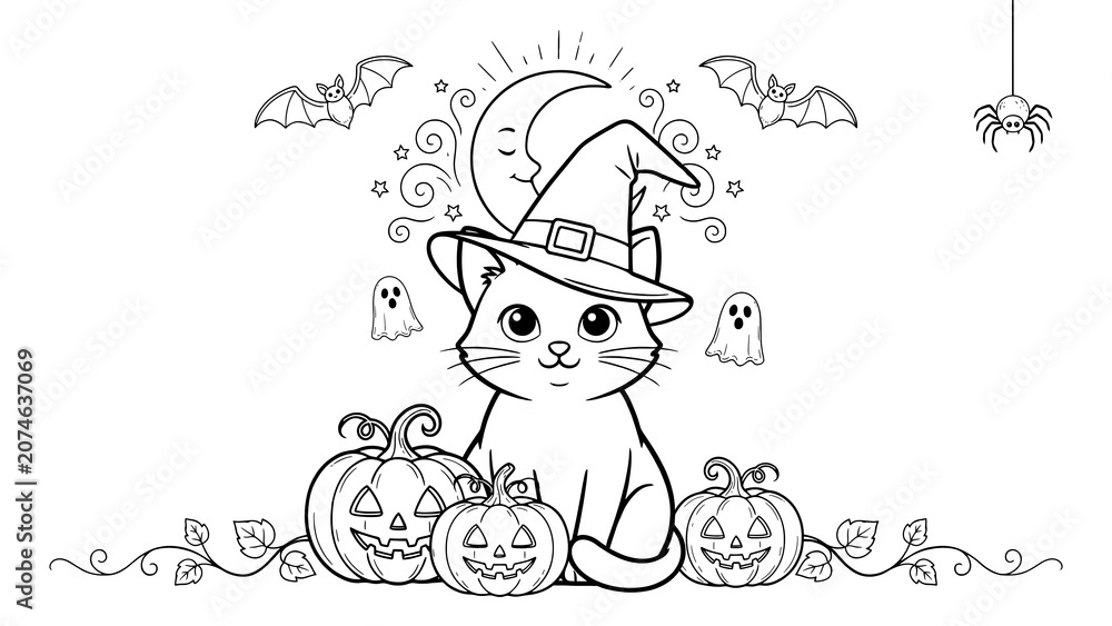 Fototapeta premium Cute cat wearing a witch hat with pumpkins for halloween isolated on a transparent background