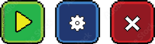 Pixelated play, gear, and cross icons on colored buttons for user interface design