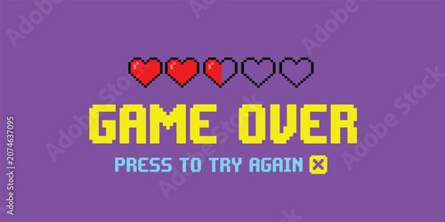 A pixelated game over screen with hearts and text on a purple background