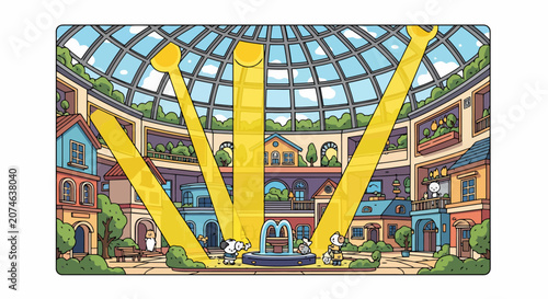 Three large yellow V-shaped structures dominate the indoor scene.