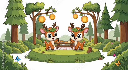 Two Adorable Cartoon Deer Sitting at Picnic Table.