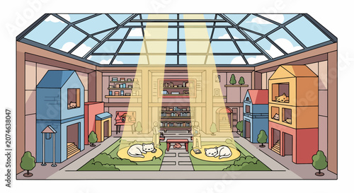 Two cats napping peacefully in sunbeams inside a modern glass-roofed cat house.