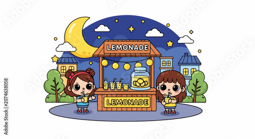 Two cute girls selling lemonade at a night stand.