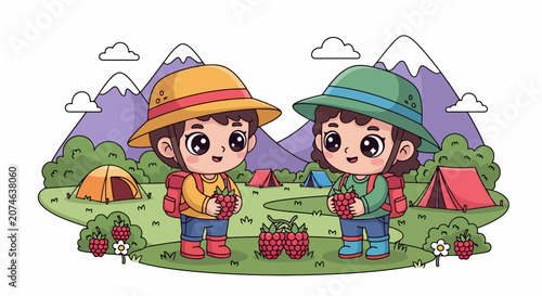 Two Cute Cartoon Kids Enjoying Camping Adventure.