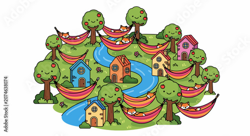 Whimsical Cartoon Landscape with Hammocks and Houses.