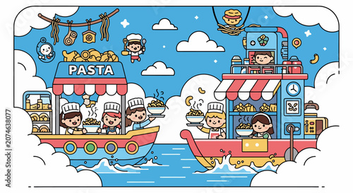 Whimsical Floating Food Stalls with Cheerful Cartoon Chefs Serving Pasta and Other Delicacies.
