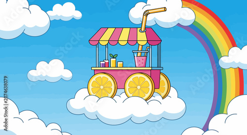 Whimsical Lemonade Cart on Clouds with Rainbow.