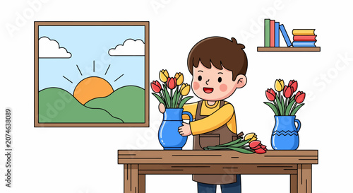 Young boy arranging colorful tulips in vases on a table.