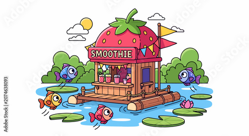 Whimsical Strawberry Smoothie Stand on Water.