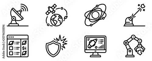 Set of simple black line icons for space technology research science and futuristic digital industrial automation tools Vector