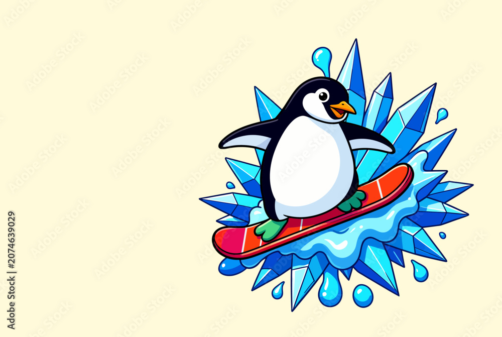 Obraz premium Cartoon Penguin Surfing on Colorful Splash Board.