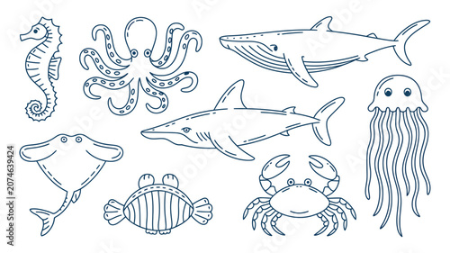 Photography Sea life line art vector set featuring shark whale octopus jellyfish seahorse st