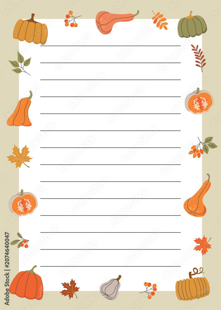 Fototapeta premium Autumn frame template with pumpkin, foliage, twigs, berries. Colorful border rectangular vertical shape with botanical objects and lines for text. Farm harvest vector illustration for the fall season.