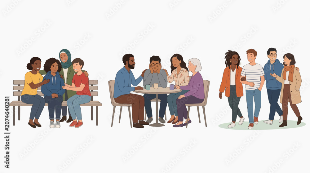 Obraz premium Diverse group of people offering support and comfort to each other in various social settings