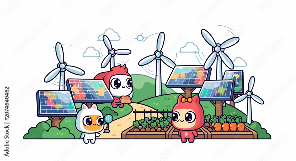 Fototapeta premium Cute cartoon characters with big eyes in a sustainable energy landscape.