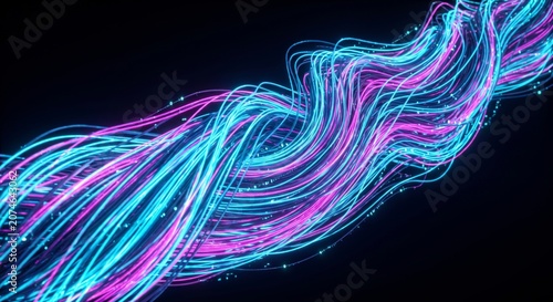 A dense bundle of glowing blue and pink fiber optic cables on a dark background with swirling patterns