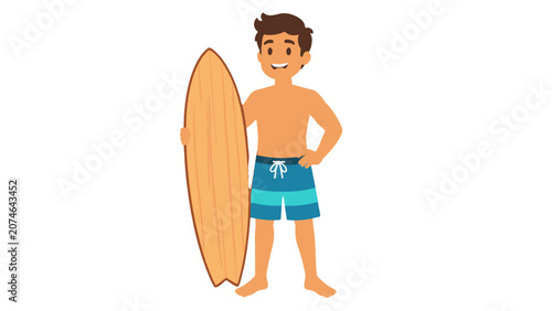 Canvastavla Smiling young surfer holding wooden surfboard illustration