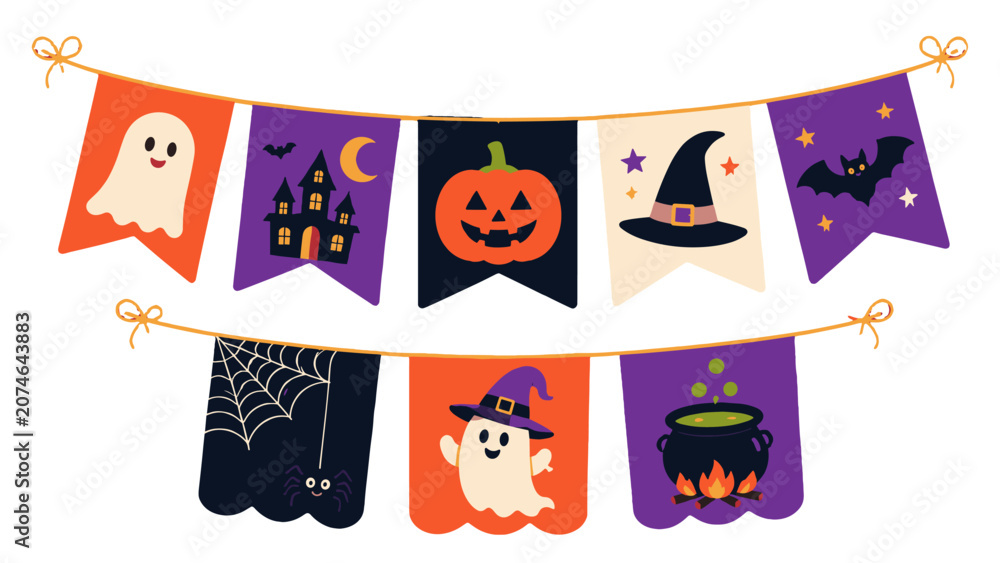 Fototapeta premium Halloween banner set with ghost pumpkin bat and witch hat