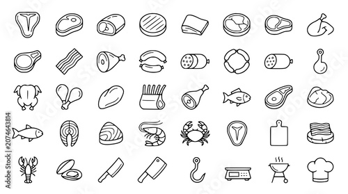 Meat and Seafood Line Icon Set with Beef Pork Chicken Fish Shrimp and Butcher Symbols