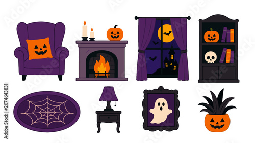 Halloween living room decor set with spooky interior elements