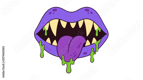Foto Purple monster mouth with fangs and dripping slime tongue